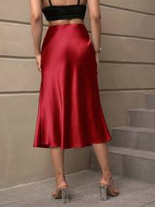 Falda de Medio Cuerpo Cola de Pez para Mujer, Satén de Primera Calidad Color Sólido, Reductora y Cómoda - Rojo - Ver 4