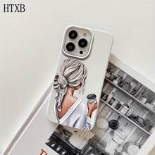 Funda protectora para phone con diseño de una chica sosteniendo una taza de café, con orificios grandes. Compatible con phone 16 Pro Max, 16, 15 Pro, 14, 14 Plus/14 Pro Max, 13, 13 Pro, 12 Pro, 11/11 Pro. Regalos para cumpleaños y festividades - Negro - Ver 6