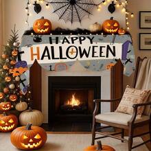 1pc/72pcs Halloween Fireplace Scarf With Pumpkin Lantern, Ghost Print, Polyester Fabric, Suitable For Halloween Decorations, Party Supplies, Table Runner, Flag, Or Hearth Cover, Perfect For Home Living Room Fireplace Door Window Decoration