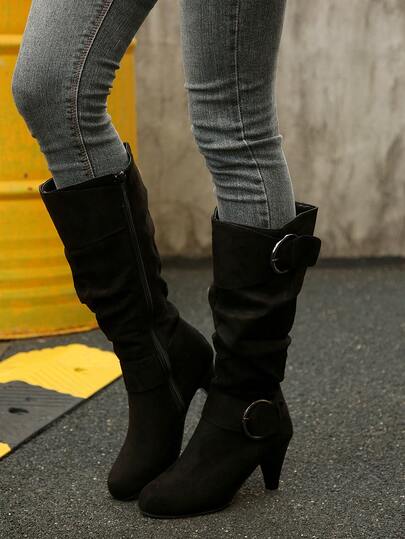 Fall/Winter 2025 Women's Plus Size Knee-High Boots With Pleated Strap, Cone Heel, Side Zipper, European And American Style