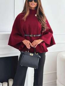 Christmas & Winter Women's Fashion Elegant Elegant Short 3/4 Sleeve Stand Collar Loose Wool Blend Poncho Coat With Belt, Suitable For Valentine's Day - Red - View 3