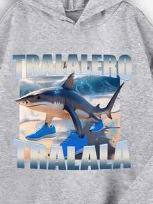 Tween男孩 Tralalero Tralala 運動鞋，四足鯊魚 AI 圖案，休閒百搭寬鬆運動街頭風，棉墊舒適長袖上衣運動衫 - 花灰色 - 查看 3