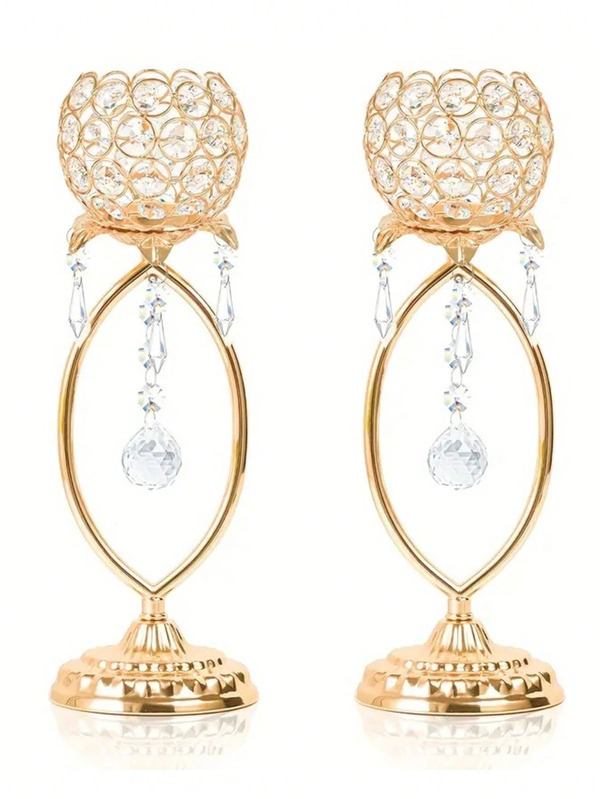 2/8pcs Elegant Gold Metal Crystal Tea Light Candle Holders With Crystal Pendant & Hollow Design - Wedding, Anniversary, Birthday Party Tabletop Centerpiece Decor, Romantic Home Decor Accessories, Anniversary Decorations | Exquisite Metal Craftsmanship, Candle Holder Decor