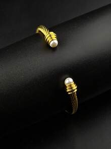 1pc 18K Gold Plated Stainless Steel Adjustable Cuff Bracelet, Elegant & Luxurious, Suitable As Gift For Family, Friends, Lover - Gold - View 7