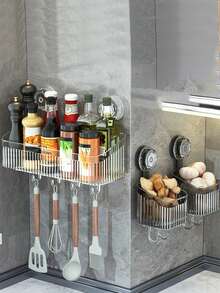 1 pieza Estantería con ventosa, Estantería de almacenamiento montada en la pared, Estantería de almacenamiento sin taladro para baño, Estantería colgante multifunción para tocador, Estantería de almacenamiento rectangular para baño, Estantería de almacenamiento sin taladro, Estantería de almacenamiento con ventosa, Adecuada para baño, cocina, accesorios de baño - Multicolor - Ver 6