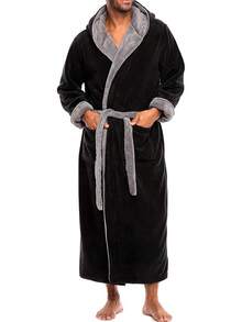 Mens Robe With Hood, Plush Fleece Hooded Mens Bathrobe, Big And Tall Bath Robe For Menhalloween - Black With Gray Contrast - View 1