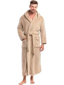 Mens Robe With Hood, Plush Fleece Hooded Mens Bathrobe, Big And Tall Bath Robe For Menhalloween - Sandstone - View 1