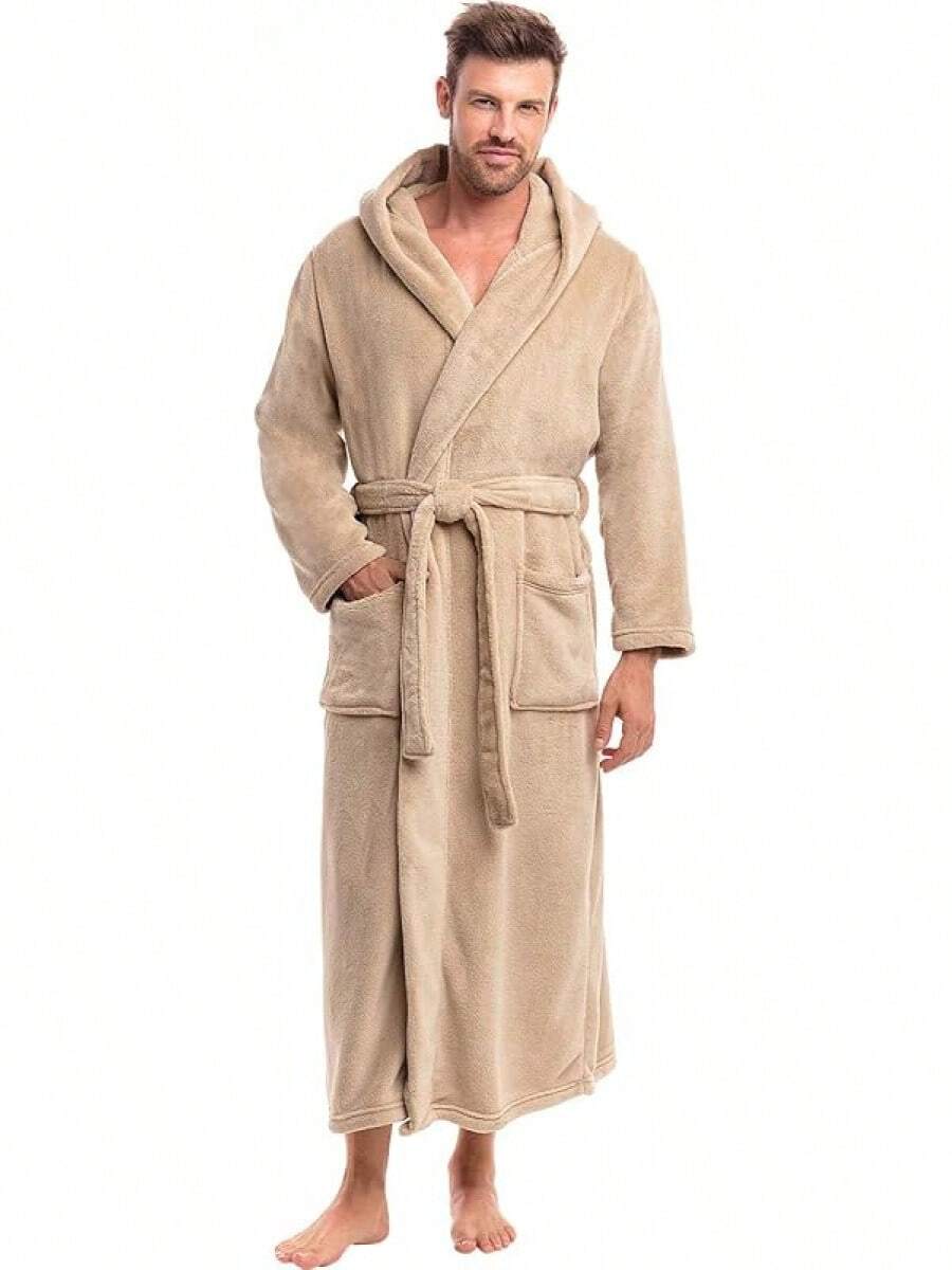 Mens Robe With Hood, Plush Fleece Hooded Mens Bathrobe, Big And Tall Bath Robe For Menhalloween - Sandstone - View 1
