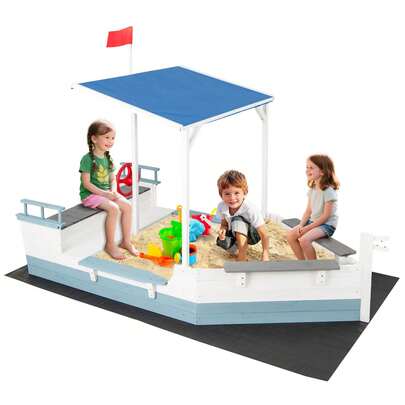 Lifezeal Fir Wood Sandbox With Sloping Canopy Liner Multiple Seats Large Storage Space