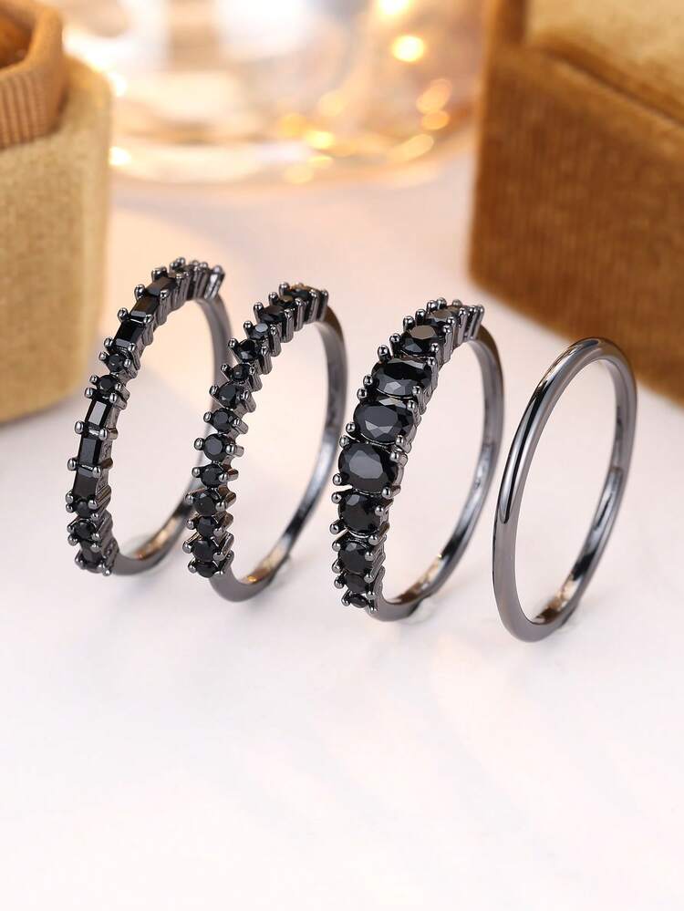 Bộ 4 chiếc nhẫn xếp chồng Zirconia tổng hợp màu đen tối giản, phụ kiện bền và sáng bóng thích hợp cho lễ Halloween, quà tặng ngày lễ cho nam và nữ - màu đen - Xem 5