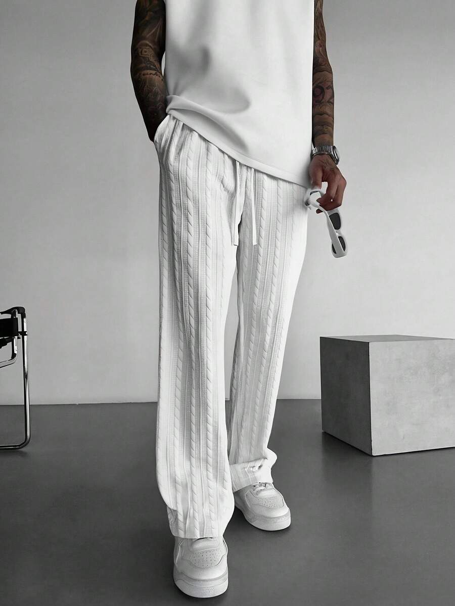 男士 Old Money 男士纹理休闲运动长裤,秋季 - 白色 - 查看 1