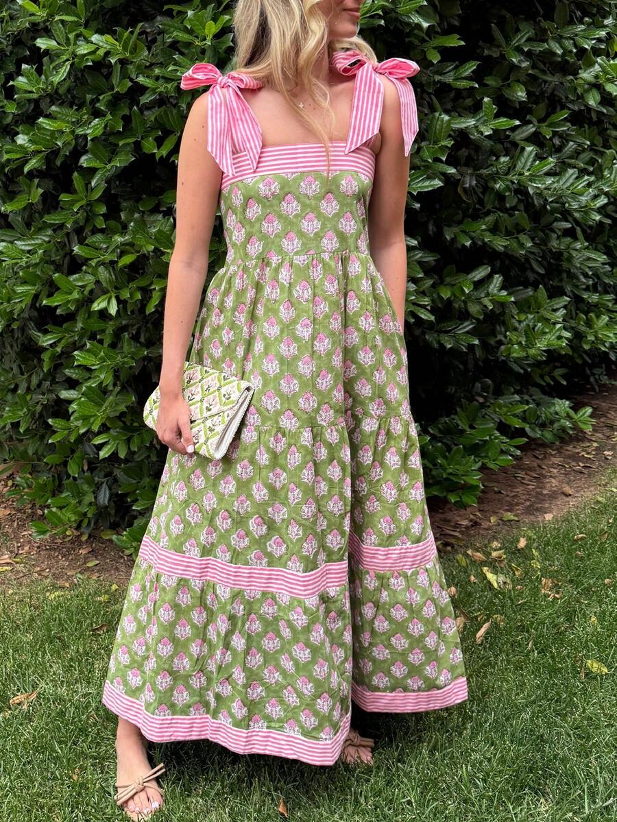 Women Summer Boho Maxi Dress Floral Tie Shoulder Flowy Long Dress Square Neck Ruffle Tiered Beach Sundress - màu xanh lá - Xem 1