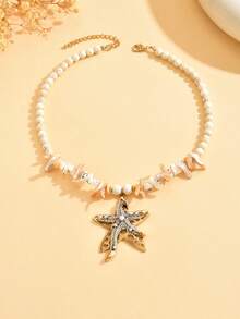 1pc Summer Beach Hawaiian Style White Turquoise Double Layer Asymmetrical Hollow Starfish Pendant Necklace, Exaggerated Design Turquoise Beaded Boho Chic Starfish Necklace For Women, Suitable For Daily Wear And Vacation - White - View 4