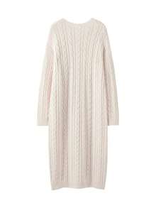 Damen Aprikot strukturiertes Strickkleid, Rundhals Oversized Longpullover, dicker warmer Pullover Strickware für Herbst/Winter - Aprikosenfarben - Übersicht 2