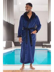 Mens Robe With Hood, Plush Fleece Hooded Mens Bathrobe, Big And Tall Bath Robe For Menhalloween - Navy Blue With Black - View 6