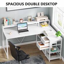 LITTLE TREE 55" L-Shaped Computer Desk With Drawers, Modern White Writing Table With Storage Shelves,Reversible Corner Home Office Desk With Monitor Stand, Gaming Workstation For Small Space,Apartment - 白色 - 查看 8