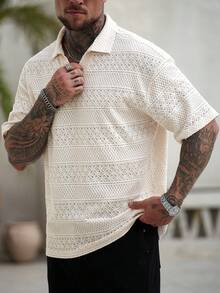 男士休闲都市复古短袖宽松 Polo 衫 - 杏色 - 查看 6