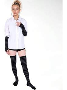 Tongcloud Women's Striped Knee High Socks, Over Knee Thigh High Socks, Arm Warmer And Fingerless Gloves SetHalloween Christmas New Year - 黑色和灰色 - 查看 5