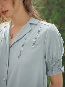 Simple Retro 复古风女式春夏度假刺绣撞色纽扣绿色优雅复古休闲短袖衬衫上衣 - 淺藍色 - 查看 3