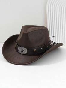 1 件男女通用 PU 皮革西部牛仔帽，搭配宽腰带和金属牛头铆钉腰带配饰，适合西部主题活动、派对、角色扮演，男女通用 - 鉚釘 - 查看 3