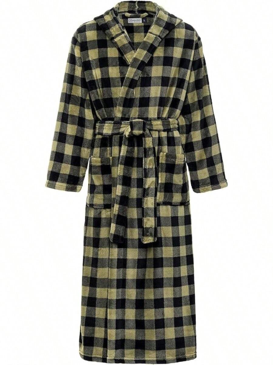 Mens Robe With Hood, Plush Fleece Hooded Mens Bathrobe, Big And Tall Bath Robe For Menhalloween - Military Buffalo Check - View 1