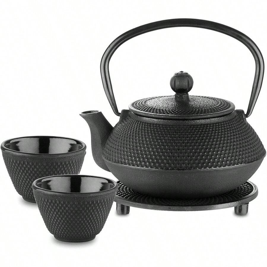 Velaze Cast Iron Teapot SetJapanese Teapot Heat Preservation With Trivet Stainless Steel Infuser And 2 Cups Durable Cast Iron With A Fully Enameled Interior Beautiful Hammered Design 700ML 23oz - màu đen - Xem 1