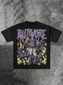 Men's Graphic Cotton T-Shirt, Loose Fit, Casual Style, Featuring A Vibrant Purple-Black Geometric Pattern, Machine Washable, Suitable For Everyday Wea - Black - View 7