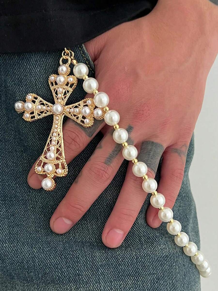 1Pc Fashion Personality Cross Baroque Imitation Pearl White Ladies Beaded Waist Chain Suitable For Daily Casual Gatherings - 金色 - 查看 1
