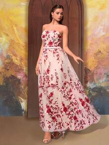 VIPGIRL 象牙红花卉刺绣无肩带薄纱A字晚礼服，浪漫长款正式礼服，优雅无袖正式礼服，甜心领花卉网纱舞会礼服，婚礼宾客派对礼服 - 杏色 - 查看 8