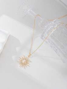 1 Piece/Fashionable Simple Acrylic Moon Inlaid Sun Pendant Necklace, Sun, Moon And Star Drop Oil Full Diamond Pendant Clavicle Chain, Suitable For Gifts - Vàng - Xem 2