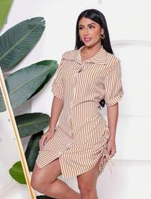 Women's Striped Chemise Dress Fashion Blogger Elegant - Beige - View 1