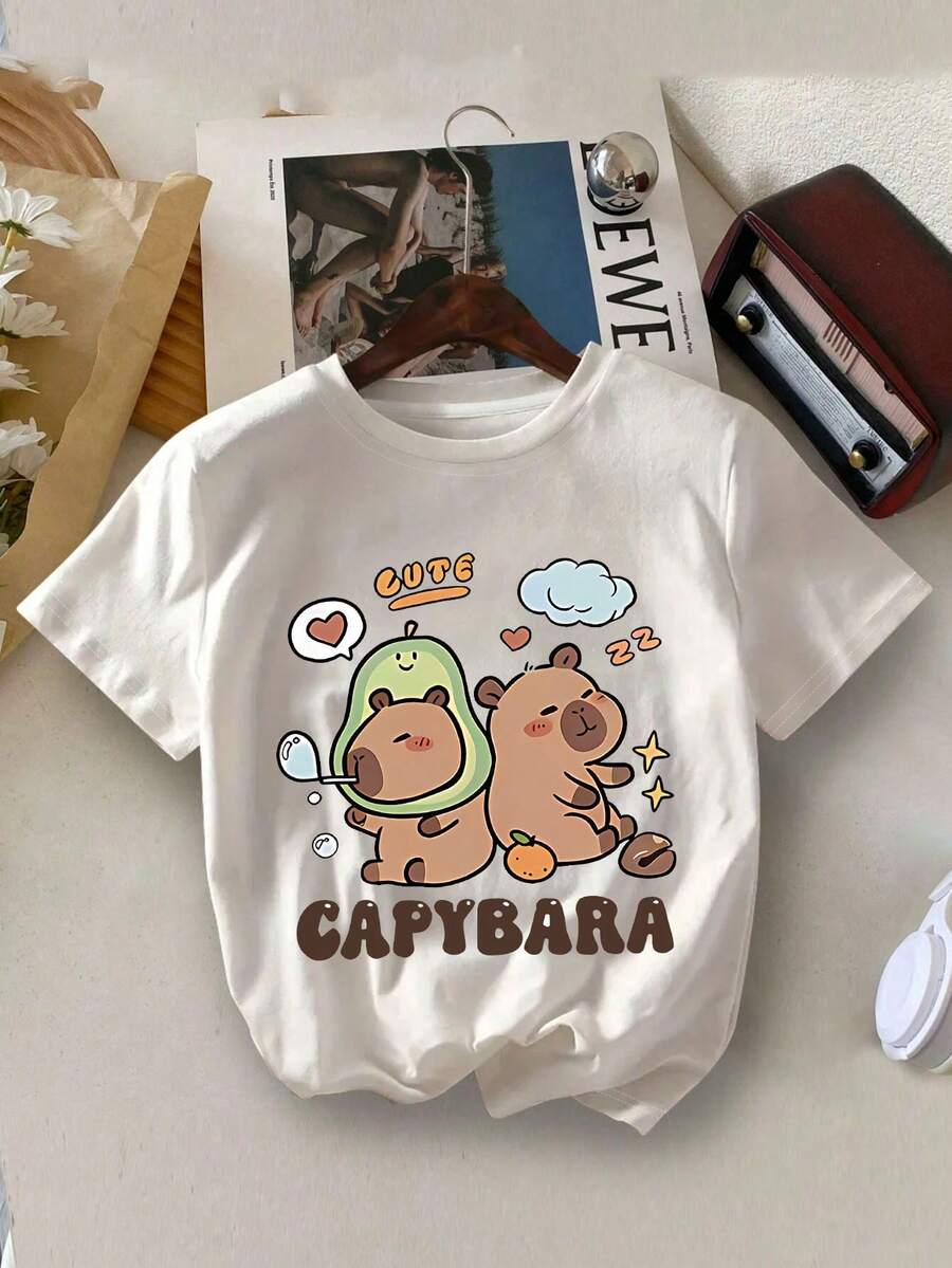 Girls' Cartoon Capybara Print Round Neck Short Sleeve T-Shirt, Casual Style For Spring/Summer - White - View 1