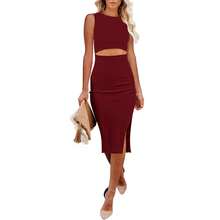 Elegant White Cut - Out Bodycon Midi Dress - 酒紅色 - 查看 1