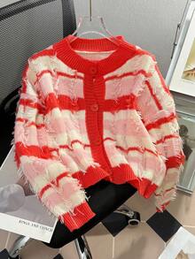 JIANHU Pink & Red Striped Knit Cardigan - Fall/Winter Frayed Edge Design With Ribbed Trim & 4 Buttons | Christmas Party & Casual Streetwear