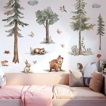 1/2/4 件多尺寸 PVC 自粘可移除墙贴，鸟巢和鸟类家族，绿叶植物，蝴蝶群，针叶植物，松树和小动物，卡通装饰贴，适用于卧室、客厅、书房、餐厅、浴室、家居墙壁装饰、房间装饰