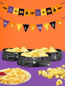 10pcs/20pcs/50pcs Black Halloween Paper Tray Coffin Bowl Plates Black Treat Candy Snack Popcorn Spooky Goth Food Holder Trays With Spider Wed And Bat Design For Creppy Halloween Party Supplies - Type B - View 4