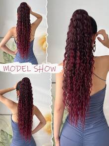 26-28 Inch Ombre Claw Clip-In Ponytail Extensions, Natural Wavy Texture, Heat Resistant Synthetic Hair, Brown To Red Gradient, Suitable For Women's Daily Use - Red Ombre - View 10
