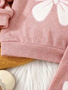 2 件套女婴休闲可爱刺绣蝴蝶结荷叶边袖口长袖运动衫搭配纯色裤子套装，秋冬 - 粉色 - 查看 7