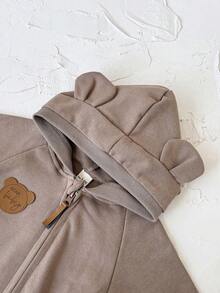 Newborn Baby Boy Clothes Jumpsuit, Bear Badge Decor, Long Sleeve, Hooded, Brown, Spring/Autumn - Brown - View 10