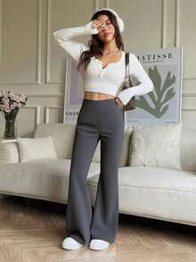 Women's Solid Color Casual High Waist Flared Leggings, Versatile For Daily Wear - Dusty Purple - View 5