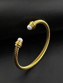 1pc 18K Gold Plated Stainless Steel Adjustable Cuff Bracelet, Elegant & Luxurious, Suitable As Gift For Family, Friends, Lover - Gold - View 2