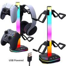 حامل للتحكم وسماعات الرأس مع أضواء RGB، منافذ USB، دعم للتحكم وسماعات الرأس، حامل لسماعات الرأس وأجهزة التحكم للطاولة والكونسول وغرفة الألعاب، هدية عيد ميلاد، هدية عيد الميلاد - الأسود - مشاهدة 5