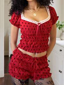 Women's Summer Pajamas Set Solid/Dot Print Lace Trim Smocked Short Sleeve Tops And Shorts Lounge Wear 2 Pcs Set - Red (polka Dots) - View 4