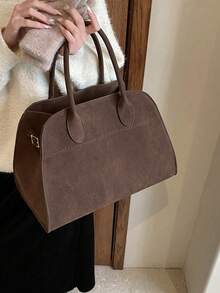 Women's Solid Color Handbag, Faux Leather Tote Bag, Retro Style Handbag, Fashionable Retro Shoulder Bag, Square Shopping Bag - Coffee - View 3