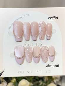 10 件手工指甲方形杏仁棺材指甲按压指甲短中长，可爱的粉色指甲，法式尖头指甲手绘波尔卡圆点格纹图案，珍珠链镶嵌，优质普遍讨人喜欢的指甲尖，简单前卫优雅手工秋季指甲，现代美学秋季指甲，派对日常和约会使用海滩热带度假适用，DIY 假指甲适合女性和女孩作为礼物指甲用品 - 卡片纸随机