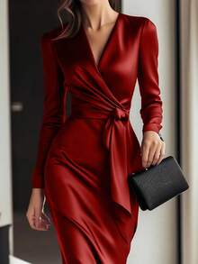 Women's Temperament Dinner Tie V-Neck Satin Dress - Đỏ - Xem 2
