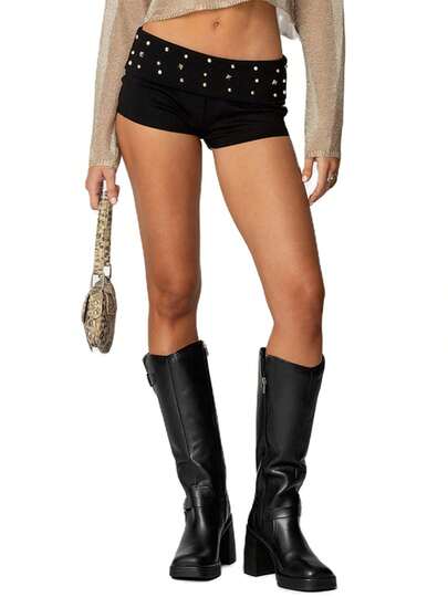 Women Y2K Studded Foldover Micro Shorts Vintage Low Waist Slim Fit Mini Shorts Summer Boxer Short Party Clubwear
