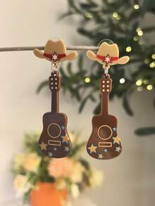 1 pereche de cercei din denim cu imprimeu de chitară și stele din desene animate, potriviți pentru ținutele zilnice, de festival și de petrecere ale femeilor