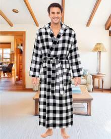 Mens Robe With Hood, Plush Fleece Hooded Mens Bathrobe, Big And Tall Bath Robe For Menhalloween - Buffalo Check White Black Plaid - View 6