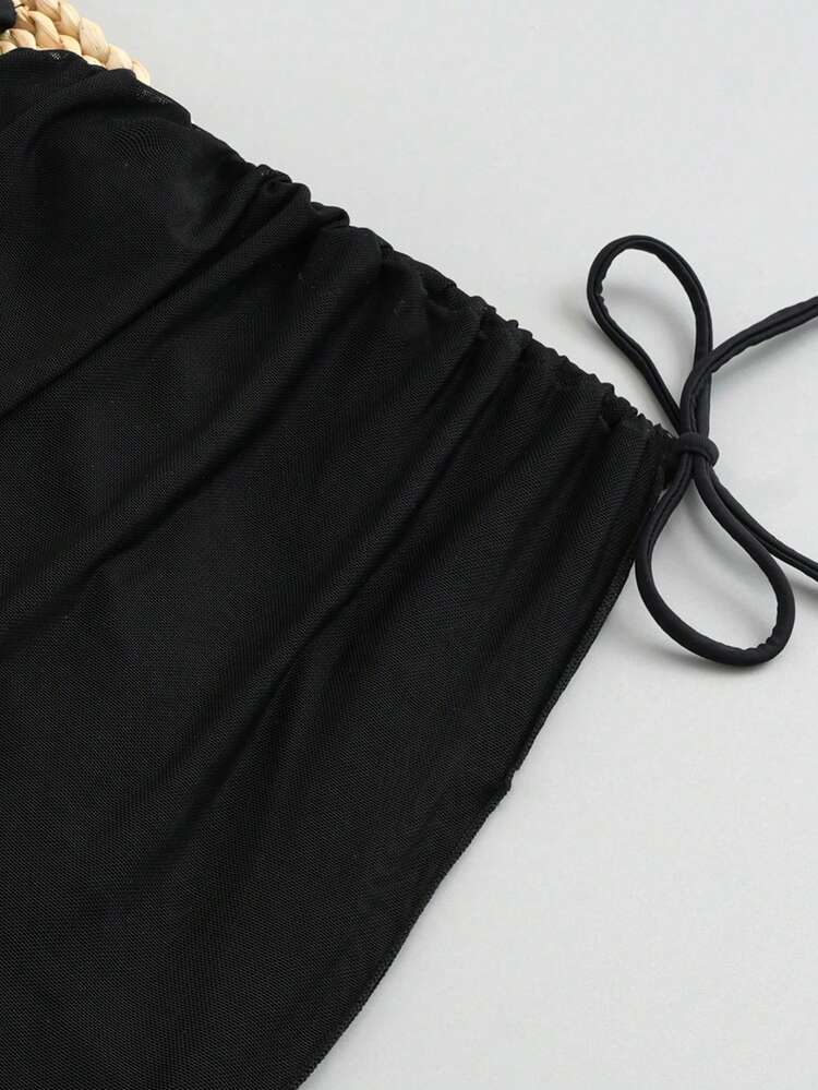 Ensemble de bikini 2025 avec jupe en maille, traversée des frontières vers l'Europe et l'Amérique, bikini moulant amincissant avec cordon de serrage à la taille pour le contrôle du ventre, maillot de bain pour les vacances à la plage, noir, été - Noir - Voir 9